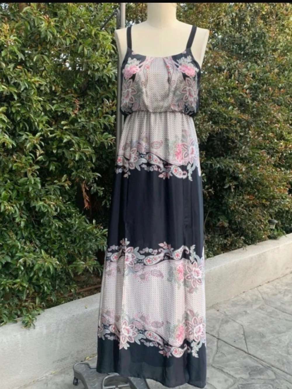 Guess by Marciano Silky Floral Maxi Dress Black Pink USA Made Small Medium Boho